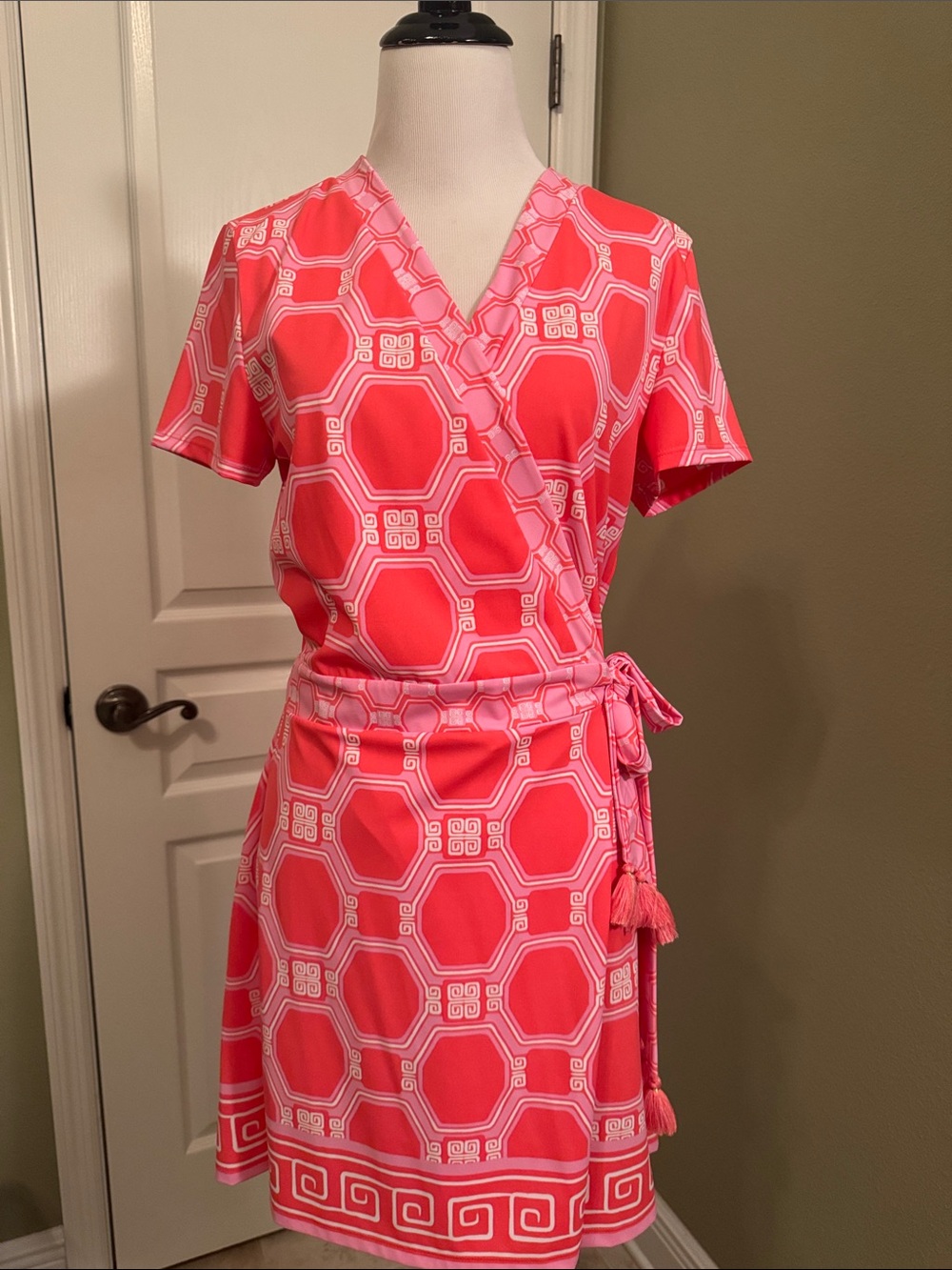 Cabana Life Hot Pink & White Geometric romper Wrap Dress